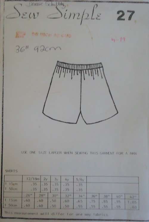 SEW SIMPLE PATTERNS 27 SHORTS SIZE 36" OR 92 CM