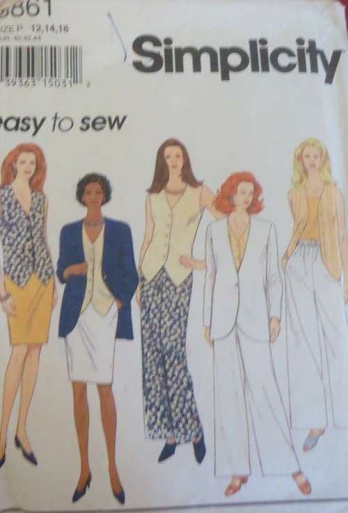 SIMPLICITY PATTERN 8861 UNLINED JACKET-LINED WAISTCOAT-SKIRT-PULL-ON PANTS SIZE P 12-14-16 COMPLETE
