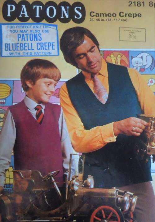 PATONS 2181 V NECK PULLOVER - LIKE FATHER LIKE SON SIZE 24-46` OR 61-117 CM
