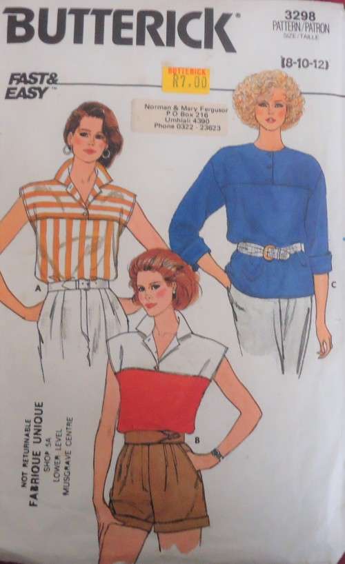 BUTTERICK  PATTERN 3298 SET OF TOPS SIZES 8-10-12 COMPLETE