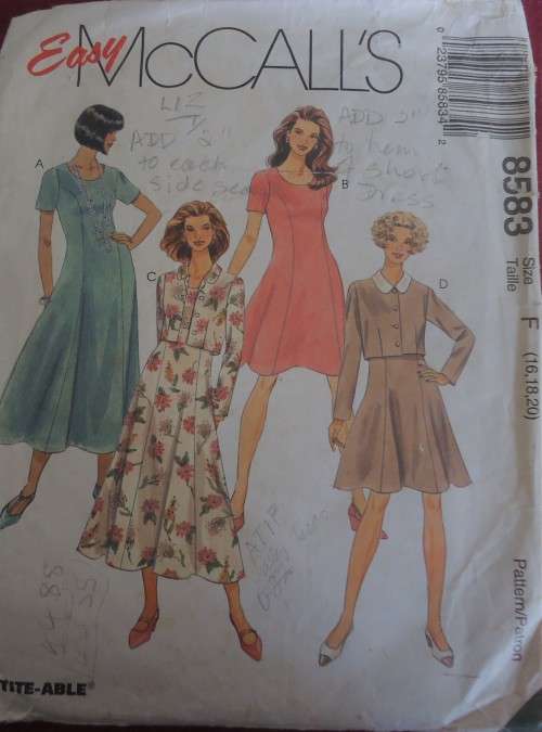 McCALL'S PATTERN 8583 UNLINED JACKET & DRESS SIZE F= 16-18-20  COMPLETE