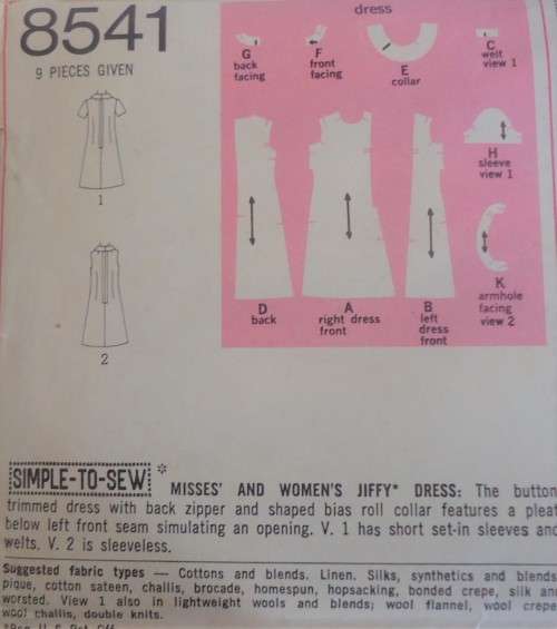 VINTAGE SIMPLICITY PATTERNS 8541 DRESS WITH COLLAR SIZE 18 BUST 40" SEE LISTING