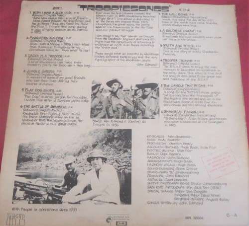 JOHN EDMOND - "TROOPIE SONGS"- RHODESIAN ISSUE 1976 MAP VINYL LP-MPL 30004