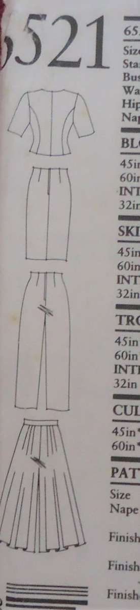 NEW LOOK PATTERNS 6521 TOP-PANTS-CULOTTES & SPLIT SKIRT  SIZE 8 - 20 COMPLETE