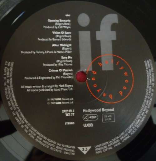 HOLLYWOOD BEYOND  - IF- GERMAN ISSUE 1987 WEA VINYL LP 242119-1 WR 77 WITH INNER SLEEVE