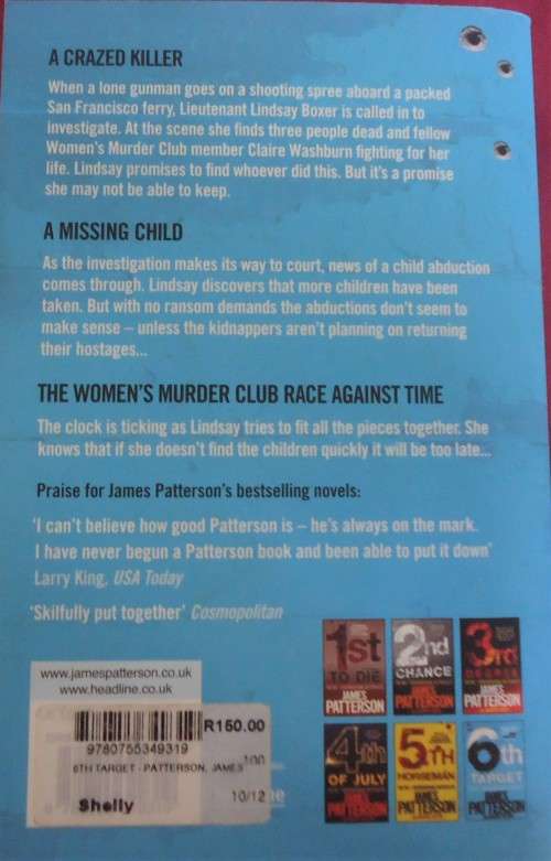 JAMES PATTERSON & MAXINE PAETRO "6TH TARGET" FEATURING WOMEN'S MURDER CLUB - MEDIUM SIZE SOFT COVER