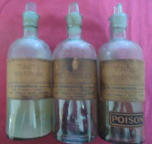 THREE ROUND SHAPE CLEAR ICE BLUE GLASS VINTAGE CHEMIST / APOTHECARY BOTTLES WITH LABELS