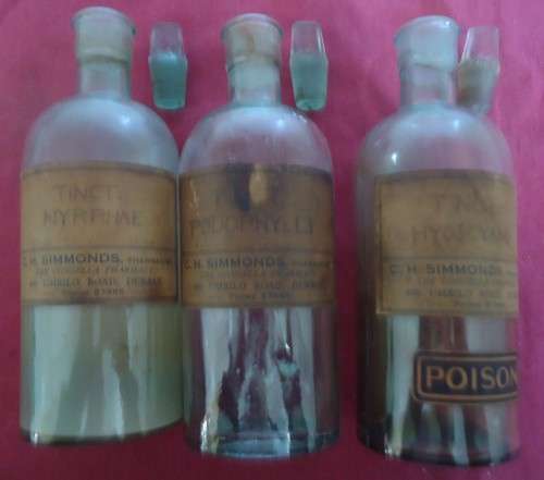 THREE ROUND SHAPE CLEAR ICE BLUE GLASS VINTAGE CHEMIST / APOTHECARY BOTTLES WITH LABELS