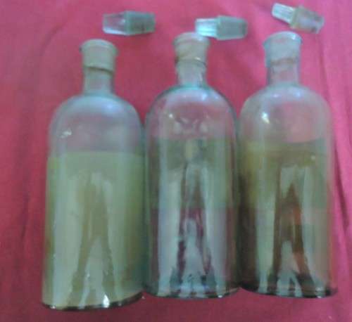 THREE ROUND SHAPE CLEAR ICE BLUE GLASS VINTAGE CHEMIST / APOTHECARY BOTTLES WITH LABELS