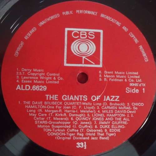 THE GIANTS OF JAZZ - 1963 CBS VINYL LP - ALD.6629