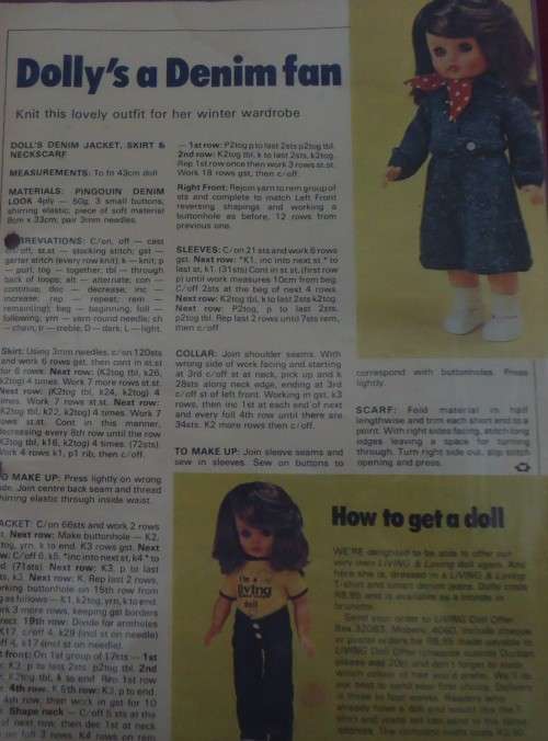 LIVING & LOVING - MARCH 1978-  DOLLY'S A DENIM FAN- DENIM JACKET, SKIRT & NECK SCARF- 43 CM DOLL