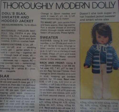 LIVING & LOVING APRIL 1978 - THOROUGHLY MODERN MISS - SWEATER, SLAX & HOODED JACKET - 43 CM DOLL