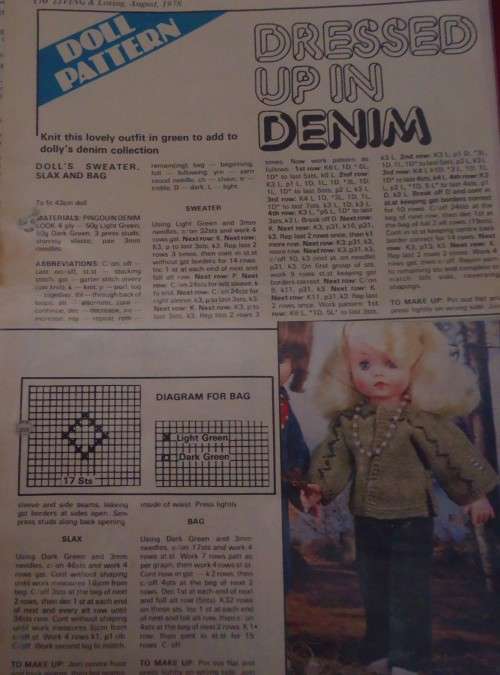 LIVING & LOVING AUGUST 1978 - DRESSED UP IN DENIM- SWEATER, SLAX & BAG - 43 CM DOLL