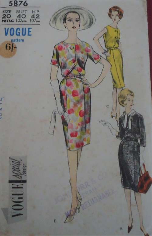 VERY VINTAGE VOGUE PATTERNS 5876 "ONE PIECE DRESS"  SIZE 20 BUST 40" COMPLETE & UNCUT