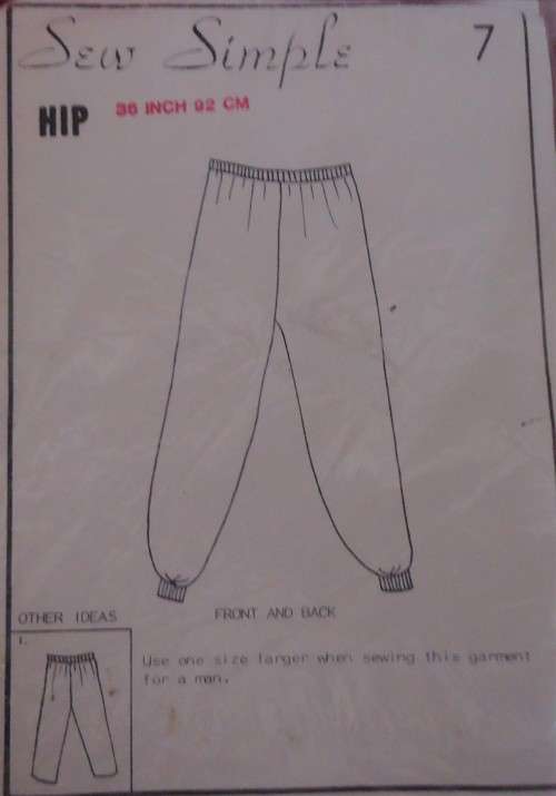 SEW SIMPLE PATTERNS # 7 - TRACKSUIT PANTS SIZE 36" OR 92 CM