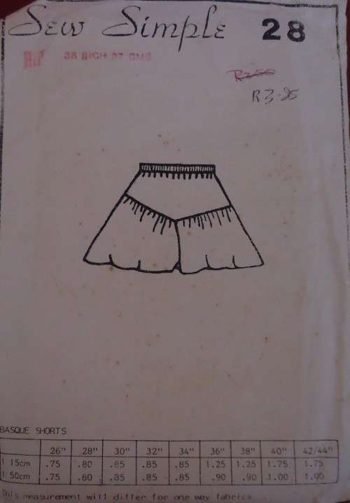 SEW SIMPLE PATTERNS # 28 - BASQUE SHORTS SIZE 38` OR 97 CM