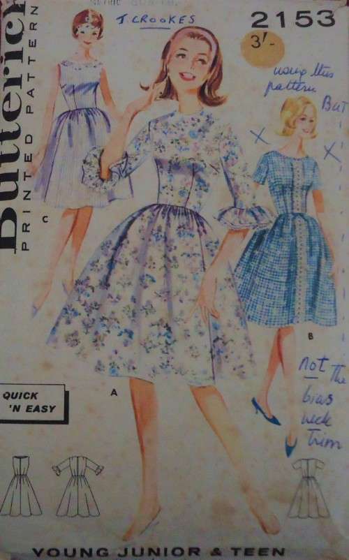 VINTAGE BUTTERICK PATTERN 2153  TEEN DRESS SIZE 11 BUST 31 1/2" COMPLETE