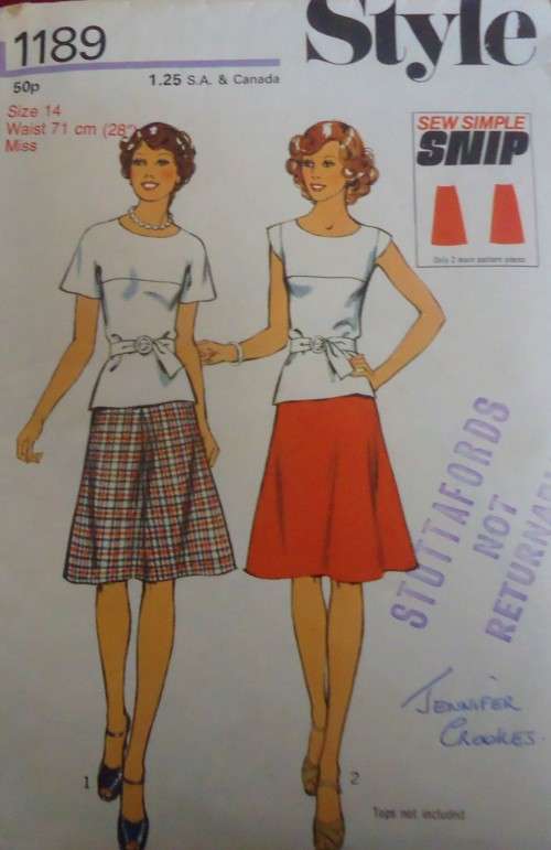STYLE PATTERNS 1189 SET OF SKIRTS SIZE 14 WAIST 71 CM  COMPLETE