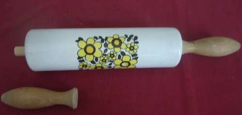 LOVELY WOODEN & PORCELAIN ROLLING PIN WITH FLORAL MOTIF and DETACHABLE END FOR CLEANING ROLLING PIN