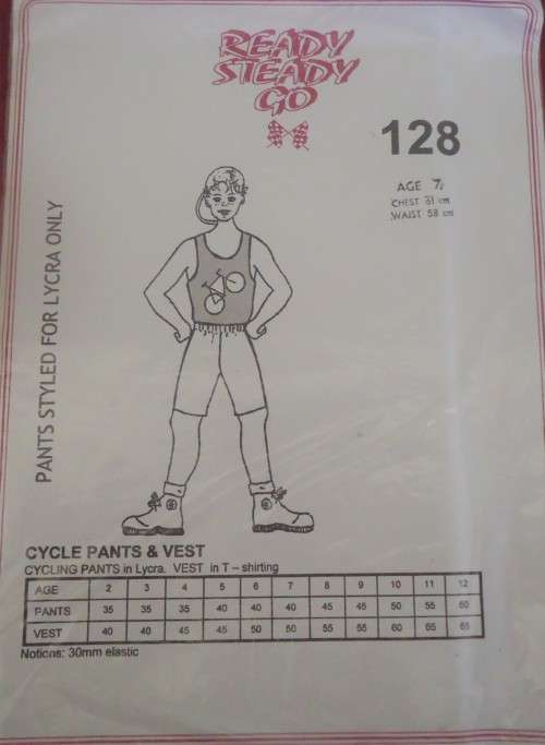 READY-STEADY-GO PATTERN-NUMBER 128  CYCLE PANTS & VEST AGE 7 YEARS  CHEST 61CM