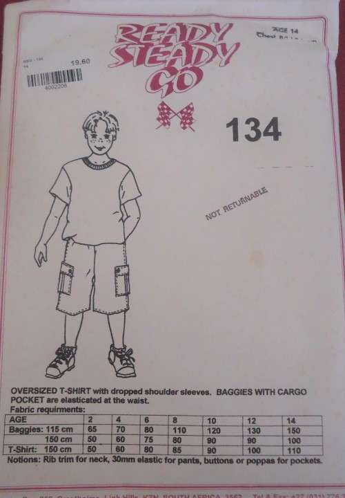 READY-STEADY-GO PATTERN-NUMBER 134 OVER T SHIRT & BAGGIES CARGO POCKET AGE 6 YEARS  CHEST 59 CM