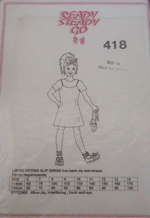 READY-STEADY-GO PATTERN-NUMBER 418 GIRL`S LOOSE FITTING SLIP DRESS AGE 10  CHEST 72 CM