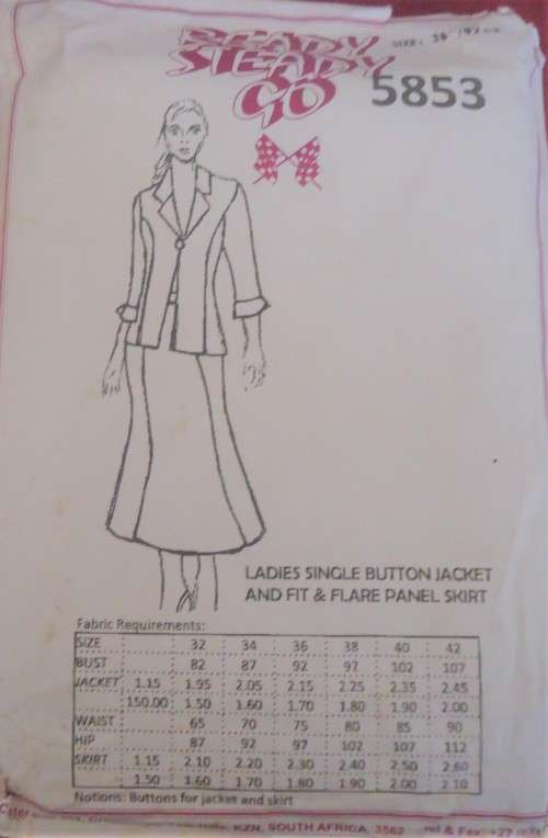 READY-STEADY-GO PATTERN# 5853-SINGLE BUTTON JACKET & FIT& FLARE PANEL SKIRT- SIZE 36` /92 CM