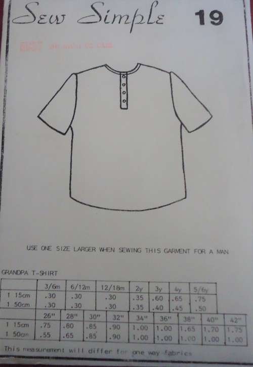 SEW SIMPLE PATTERNS # 19 T-SHIRT & GRANDPA T-SHIRT  SIZE 34` OR 87 CM