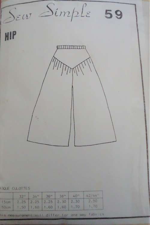SEW SIMPLE PATTERNS 59 BASQUE CULOTTES SIZE  HIP 36 OR 92 CM