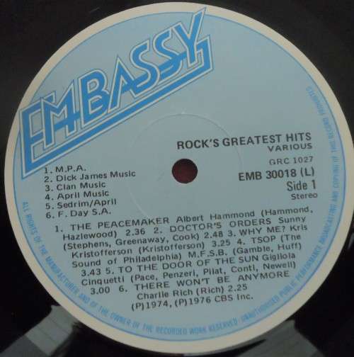 ROCK'S GREATEST HITS-ORIGINAL ARTISTS-1976 EMBASSY VINYL LP -EMB 30018 (L)