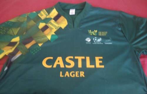 CASTLE LAGER SPRINGBOK SPORTS JERSEY WITH S.A. CRICKET-FOOTBALL-RUGBY LOGOS- IN SIZE XXL