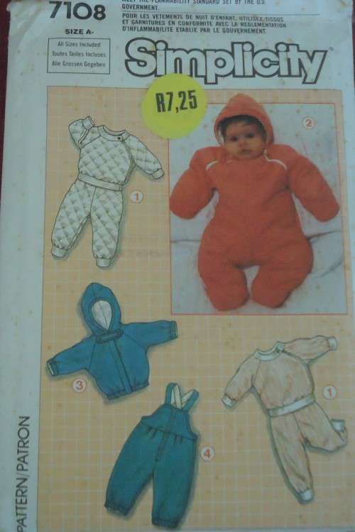 SIMPLICITY 7108 BABIES TOP-PANTS-LINED JACKET-PADDED SNOWSUIT/OVERALLS SIZE NB-18 MS COMPLETE-UNCUT