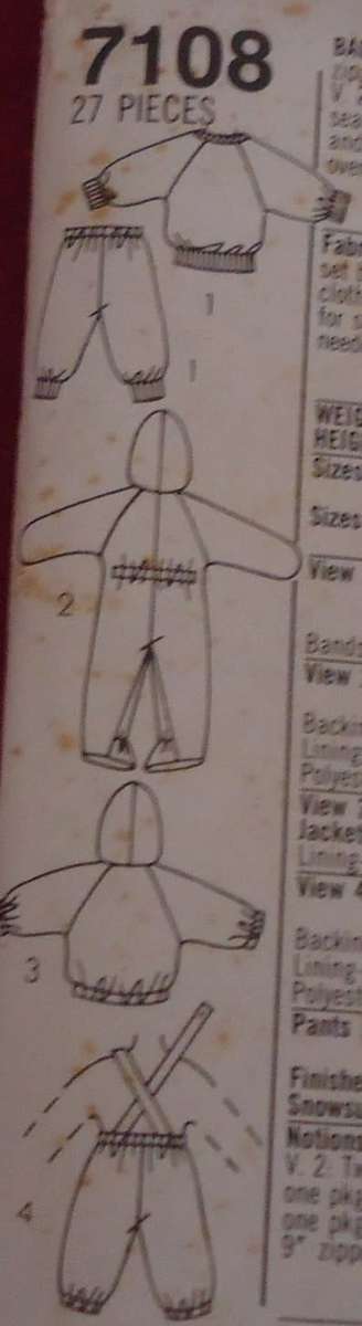 SIMPLICITY 7108 BABIES TOP-PANTS-LINED JACKET-PADDED SNOWSUIT/OVERALLS SIZE NB-18 MS COMPLETE-UNCUT