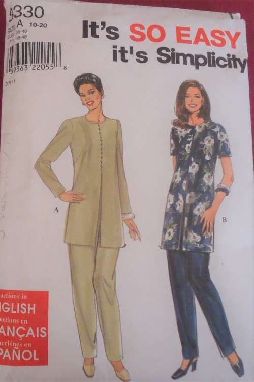 SIMPLICITY 8330 FRONT BUTTON TUNIC & PANTS SIZE 10 - 20 COMPLETE