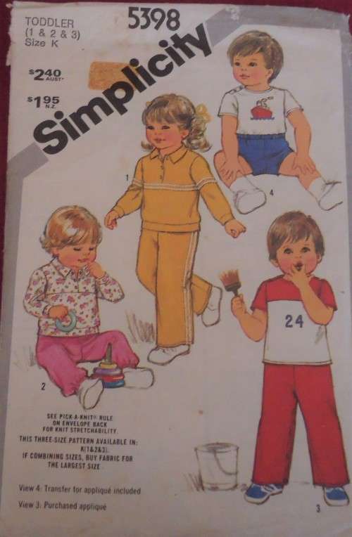 SIMPLICITY 5398 TODDLERS PULLOVER TOPS +PULL ON PANTS/SHORTS SIZE 1 + 2 + 3 YEARS COMPLETE+TRANSFER