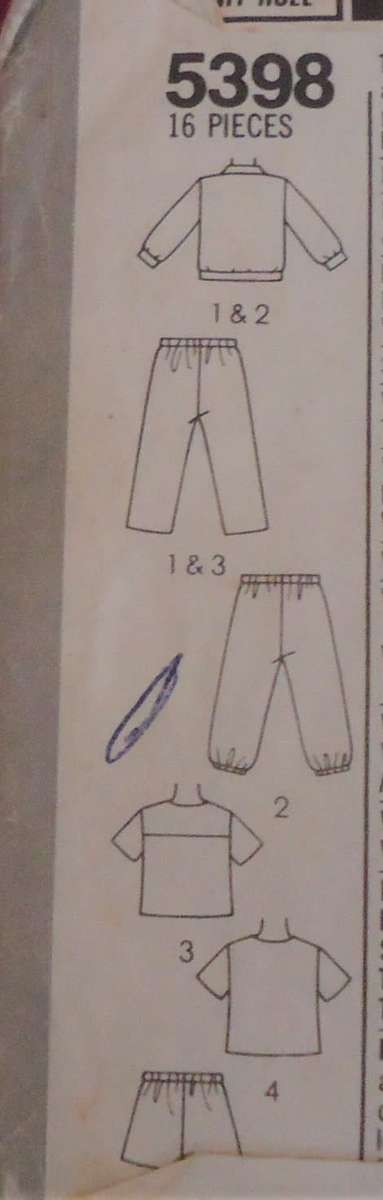 SIMPLICITY 5398 TODDLERS PULLOVER TOPS +PULL ON PANTS/SHORTS SIZE 1 + 2 + 3 YEARS COMPLETE+TRANSFER