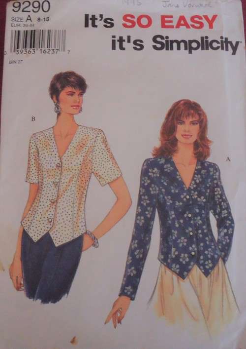 SIMPLICITY 9290 BLOUSE WITH TIEBACK SIZE 8 - 18 CUT TO 18 COMPLETE