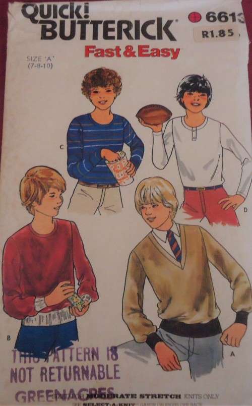 BUTTERICK PATTERN 6613  BOY'S TOP  SIZE A=7-8-10 YEARS COMPLETE