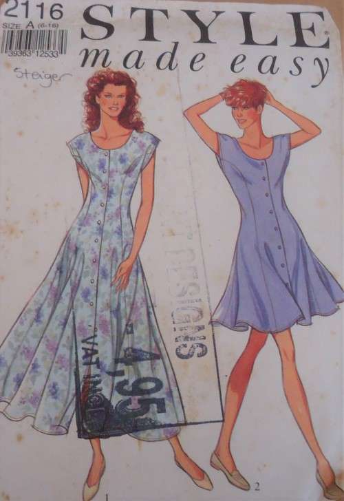 STYLE 2116 FRONT BUTTON DRESS WITH SCOOPED NECKLINE SIZE A = 6 - 16 COMPLETE