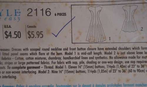 STYLE 2116 FRONT BUTTON DRESS WITH SCOOPED NECKLINE SIZE A = 6 - 16 COMPLETE