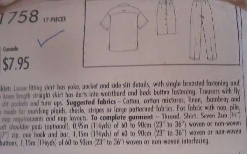 STYLE 1744 FOR LARGER SIZE LADIES SHIRT-PANTS-SKIRT SIZE A =  18 - 24 -COMPLETE