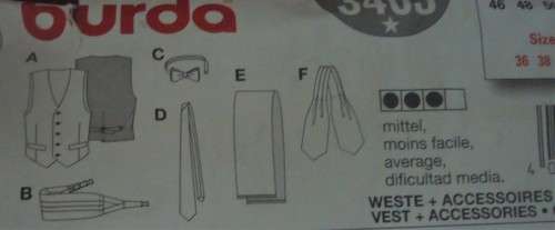 BURDA PATTERN 3403  MEN'S WAISTCOAT-ACCESSORIES SIZE 36-38-40-42-44-46-48-50  COMPLETE-UNCUT-F/FOLD