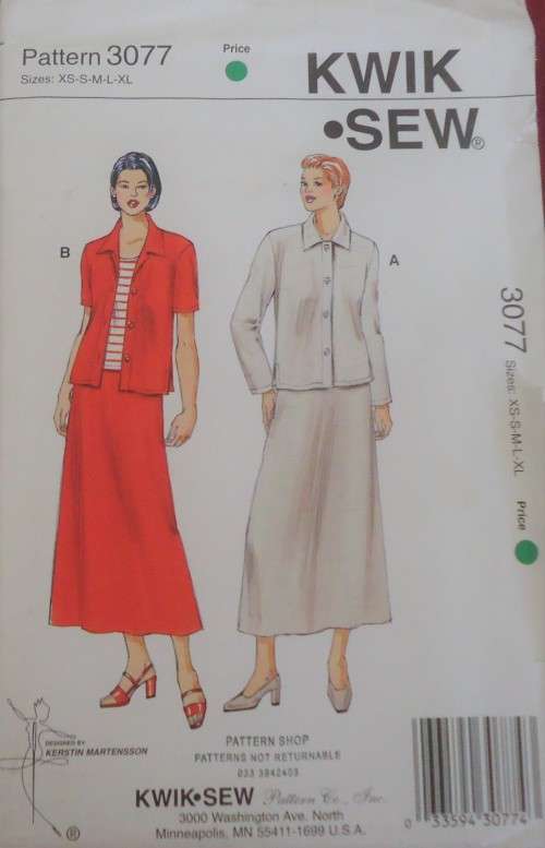 KWIK SEW  PATTERNS 3077 JACKET--SKIRT-TOP-SIZE XS-S-M-L-XL-COMPLETE - CUT TO M