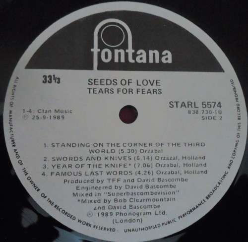 TEARS FOR FEARS - SEEDS OF LOVE-1989 FONTANA VINYL LP- STARL 5574 WITH INNER SLEEVE