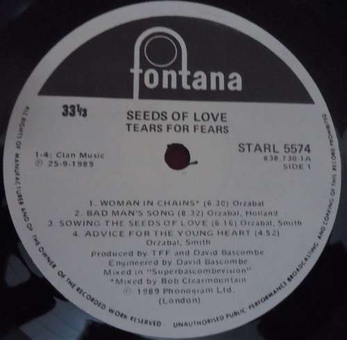TEARS FOR FEARS - SEEDS OF LOVE-1989 FONTANA VINYL LP- STARL 5574 WITH INNER SLEEVE