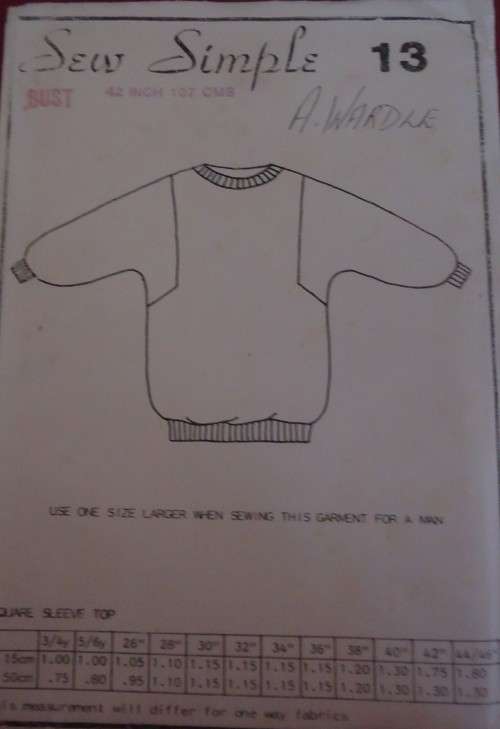 SEW SIMPLE PATTERNS #13 SQUARE SLEEVE TOP  SIZES 42" or 107 cm COMPLETE & UNCUT