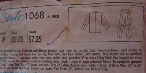 STYLE PATTERNS 1068 MEN'S JACKET-PANTS-SHORTS SIZE 38" COMPLETE