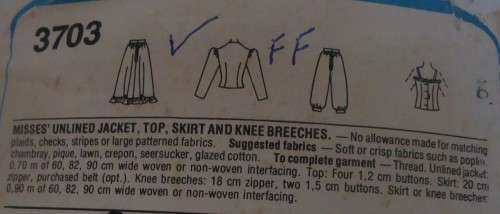 STYLE 3703  UNLINED JACKET-TOP-SKIRT-KNEE BREECHES  SIZES 8-10-12  COMPLETE
