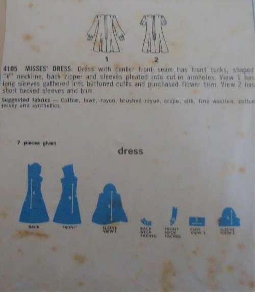 STYLE 4105 DRESS WITH CENTRE SEAM-FRONT TUCKS -SHAPED V NECKLINE SIZE 14 BUST 36" COMPLETE