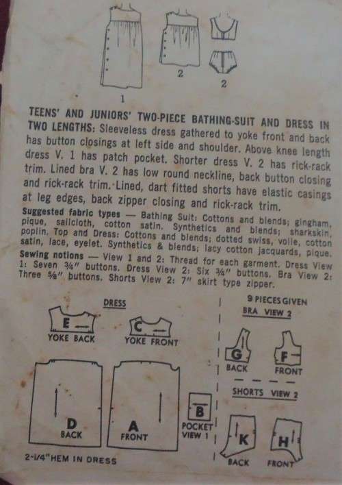 VINTAGE SIMPLICITY 6018 TEEN TWO PIECE BATHING SUIT & DRESS SIZE 12T BUST 32" COMPLETE